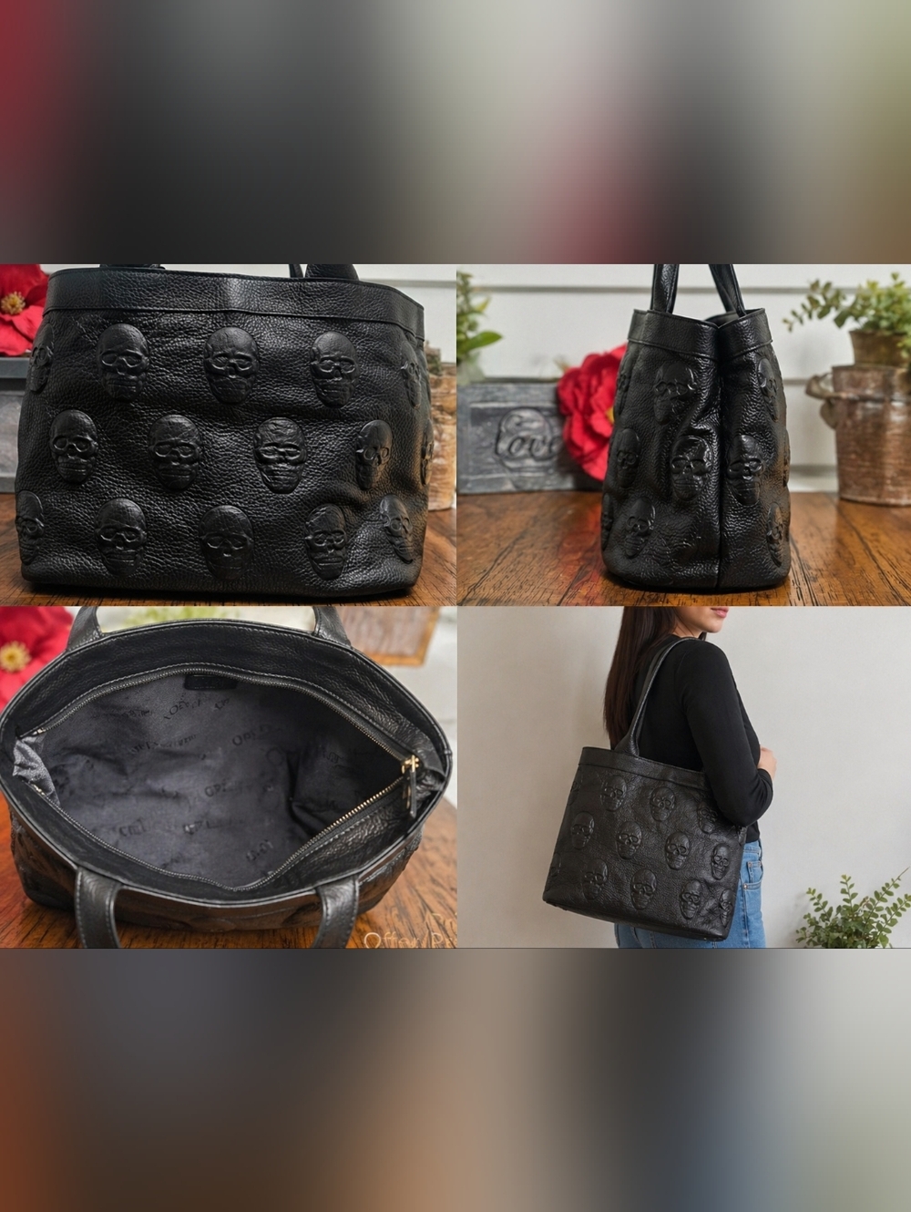 OPelle Italia Black‎ Skull Embossed Leather Handbag NWT